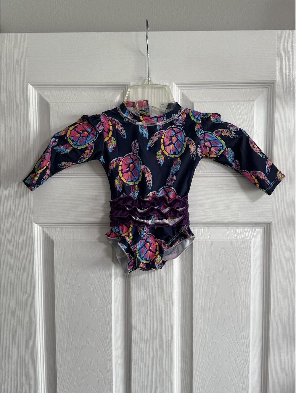 Girls’ Long Sleeve Turtle Print Ruffle Swimsuit – Size 3–6 Months